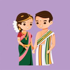 Hindu Cartoon Couple, Indian Couple Digital Art, South Indian Wedding Illustration, South Indian Couple Illustration, Hindu Wedding Couple Cartoon, Indian Couple Drawing, Indian Wedding Doodle, Couple Cartoon Characters, Groom Cartoon