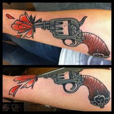 revolver & flower by kris ciezlik #tattoos Traditional Revolver Tattoo, Revolver Tattoo, Shoe Tattoo, Like Tattoos, Traditional Tattoo Old School, Traditional Tattoo Flowers, Sweet Tattoos, Awesome Tattoos, Classic Tattoo