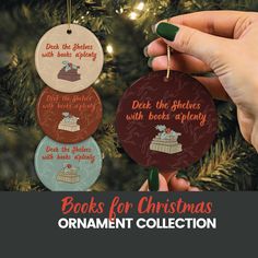 christmas ornaments with the words books for christmas ornament collection hanging from a tree