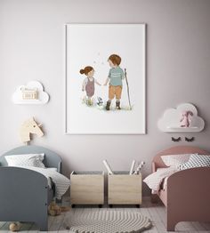 a child's room with two childrens beds and a poster on the wall