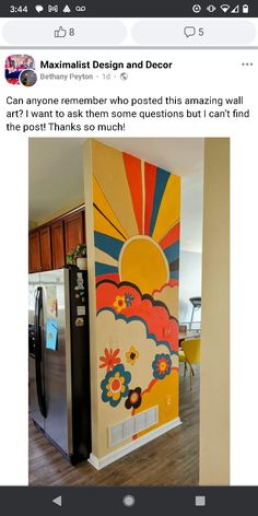 an instagram page with a painting on the wall and a refrigerator in the background