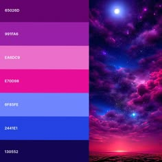 an image of the sky with clouds and stars in it, as well as color swatches