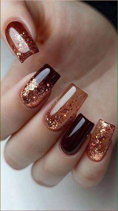 Fall Shimmer Nails, Glitter Fall Nails Acrylic, Gel Nails Polish Ideas, Copper Color Nails, Fall Sparkle Nails Glitter, Square Sparkle Nails, Nails Design 2024, Nail Ideas Sparkle, Halloween Glitter Nails