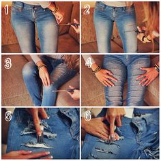 four pictures showing how to wear jeans with jewelry on the bottom, and in the middle