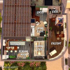 an aerial view of a floor plan for a house with living room, dining room and bedroom