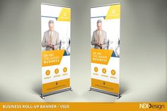 a roll up banner with an image of a man in business attire on the front