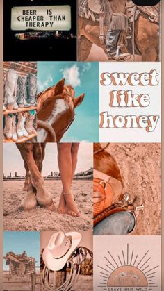 a collage of photos with horses, cowboy boots and other things in the background