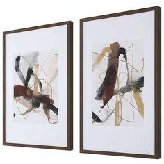 two framed art pieces with different colors and shapes on the same wall, one is brown