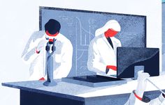 two people in white lab coats look at a computer screen while another person holds a microscope