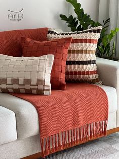 a couch with some pillows on top of it next to a potted plant and window