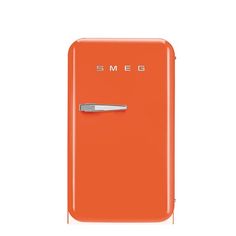 an orange refrigerator with the word smeg on it's front and bottom door