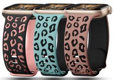 four apple watch bands in different colors and designs, each with an animal print pattern