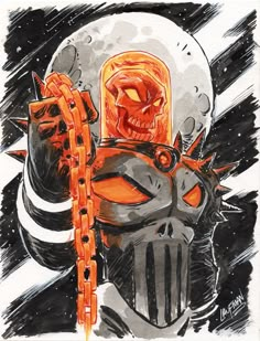 an orange and black drawing of a skull with chains on it's head, holding two