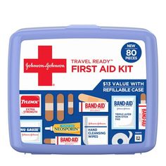 80-piece Johnson & Johnson Travel Ready First Aid Kit for on-the-go first aid wound care outside your home. Available in an easy-to-carry, organized case, this portable wound care kit contains 80 essential first aid items and comes in a convenient size that is ideal for storing in car or luggage. The mini first aid kit contains thirty Band-Aid Brand Flexible Fabric Adhesive Bandages in assorted sizes and twenty-one .75-by-3-inch Band-Aid Brand TRU-STAY Sheer Adhesive Bandages to cover and protect minor cuts and scrapes. Mini First Aid Kit, Emergency First Aid Kit, Emergency First Aid, Packing List For Cruise, Pain Relief Cream, Johnson Johnson, Packing For A Cruise, Cleansing Wipes, Wound Care