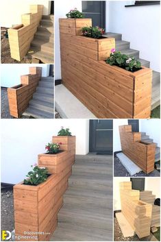 steps made out of wood with plants growing in them and some flowers on the top