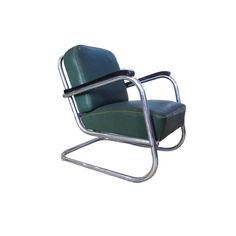 a green leather chair with chrome frame and arm rests against a white background, it appears to be empty