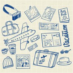 various travel related items drawn in blue ink