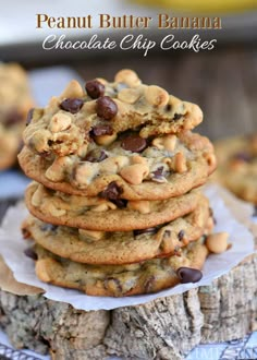 chocolate peanut butter banana cookies stacked on top of each other with the title above it