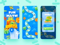 three mobile games with different screens on them, one for kids and the other for adults