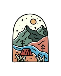 mono line of camping mountain outdoor wildlife for t-shirt, sticker, and badge design vector Mountain Linocut, Camping Illustration, Tshirt Sticker, Tshirt Drawing, Outdoor Logos, Sticker Design Inspiration, Mountain Illustration