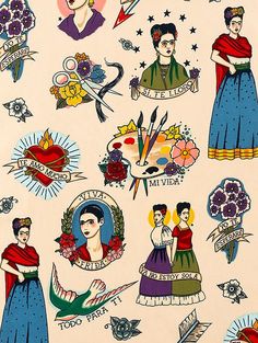 an old school tattoo design on white paper with women and flowers in the center, surrounded by other tattoos