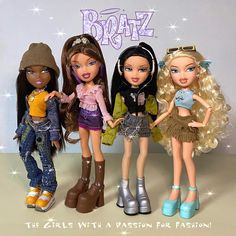 three dolls are standing next to each other in front of a sign that says, bratz the girls with a passion for fashion