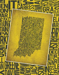 a yellow and black poster with words all over it