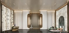 the interior of a luxurious bathroom with marble floors and walls, along with large mirrors