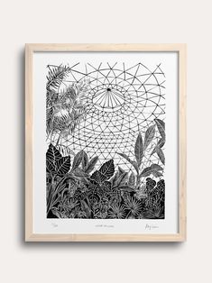 a black and white drawing of plants in the forest with an abstract design on it