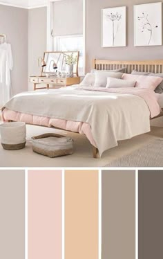 a bedroom with pink and brown colors in it