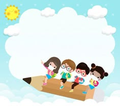 children are riding on a pencil in the sky with clouds and sun behind them, as if they're going back to school