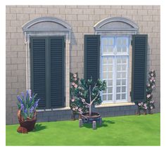 an animated image of a house with two windows and potted plants in the front yard