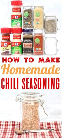 how to make homemade chili seasoning in a glass jar on a checkered table cloth