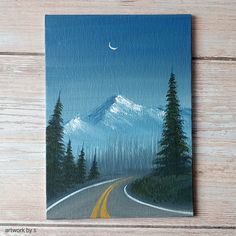 an acrylic painting of a road leading to a mountain with a crescent moon