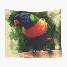 a colorful bird sitting on top of a tree branch in front of watercolor paint