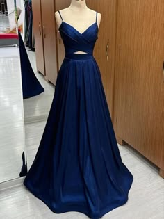 A Line V Neck Blue Satin Long Prom Dresses, V Neck Long Blue Formal Graduation Evening Dresses Dark Blue Prom Dress Simple, Prom Dresses V Neck, Satin Long Prom Dress, Navy Blue Formal Dress, Prom Inspo, Royal Blue Prom Dresses, Blue Dress Formal, Corset Bodice