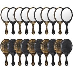 a bunch of mirrors that are next to each other on a white background with black and gold accents