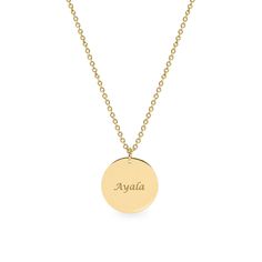 The Chiara necklace is a light gold round disc necklace that you just NEED. Wheather you wear it alone or stacked, with your another necklace or bare alone- it's perfect. Add a personal touch to your Chiara necklace with an engraved portrait of a loved one on one side and their name engraved on the opposite side. If you can dream it- we can make it happen. All features can be customized! Talk to us, we love making custom designs. Our jewelry is carefully handmade in our atelier To order by phone call +972(0)722991000 Classic Necklace With Engraving Option, Round Cable Chain Necklace Gift, Gift Medallion Necklace With Round Pendant And Cable Chain, Gift Medallion Necklace With Cable Chain And Round Pendant, Gift Round Pendant Medallion Necklace With Cable Chain, Classic Yellow Gold Coin Necklace With Round Pendant, Minimalist Round Pendant Coin Necklace As Gift, Round Disc Cable Chain Jewelry Gift, Round Pendant Medallion Necklace As Gift