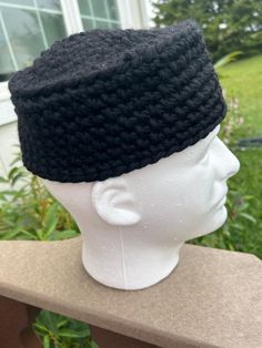 Crocheted with chunky black recycled acrylic and recycled wool, these men's hats were inspired by those worn in The Chosen. Although those looked to be woven, these fit in a similar fashion. Black Hats For Outdoor, Black Knitted Hat One Size Fits Most, Black One Size Fits Most Beanie Cap, Black Cap For Winter Costume, Casual Black Costume Hat One Size, Black Beanie Costume Hat For Winter, Black Wool Hat One Size Fits Most, Casual Black Crochet Hat For Outdoor, Black Flat Cap For Winter