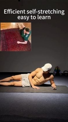 a man laying on top of a yoga mat with the words efficient self - stretching easy to learn