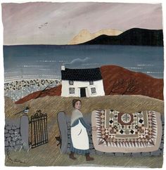 a painting of a woman standing next to a fence with a house in the background