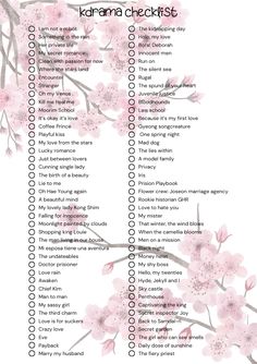 a list with pink flowers on it and the words karma checklist written in english