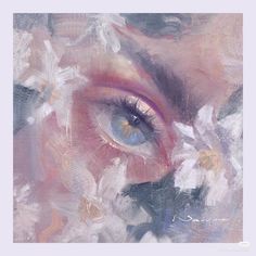 an abstract painting with blue eyes and white flowers on the bottom half of the image