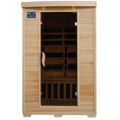 a wooden sauna with the door open