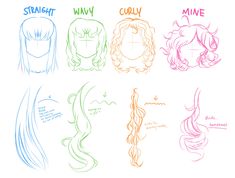 six different types of wigs with the words straight, curly and wavy on them