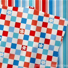 two pieces of fabric with flowers and squares on them, one is red white and blue