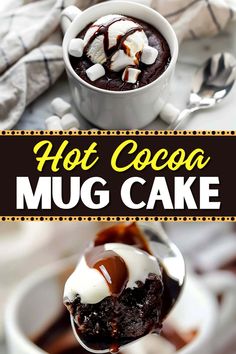 hot cocoa mug cake with marshmallows and chocolate sauce in the middle, on a white plate