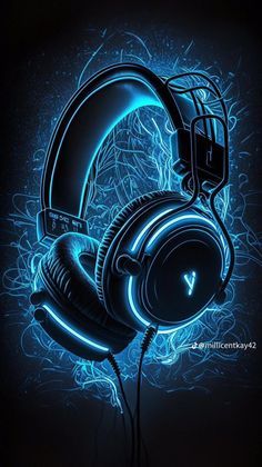 the headphones are glowing in blue light