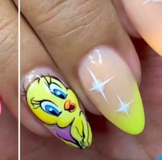 Tweety Nails, Looney Tunes Nail Designs, Tweety Nails Design, Tweety Bird Nail Art, Tweety Nail Art, Tweety Bird Nail Design, Acrylic Nail Cartoon Designs, Goofy Movie Nail Art