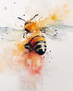 a watercolor painting of a bee on a white background with orange and black spots